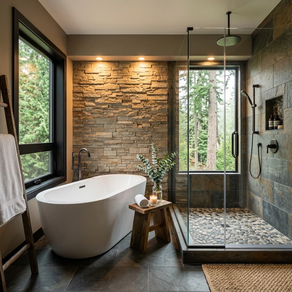 Spa-style bathroom with natural ledger stone accent wall and river rock shower floor