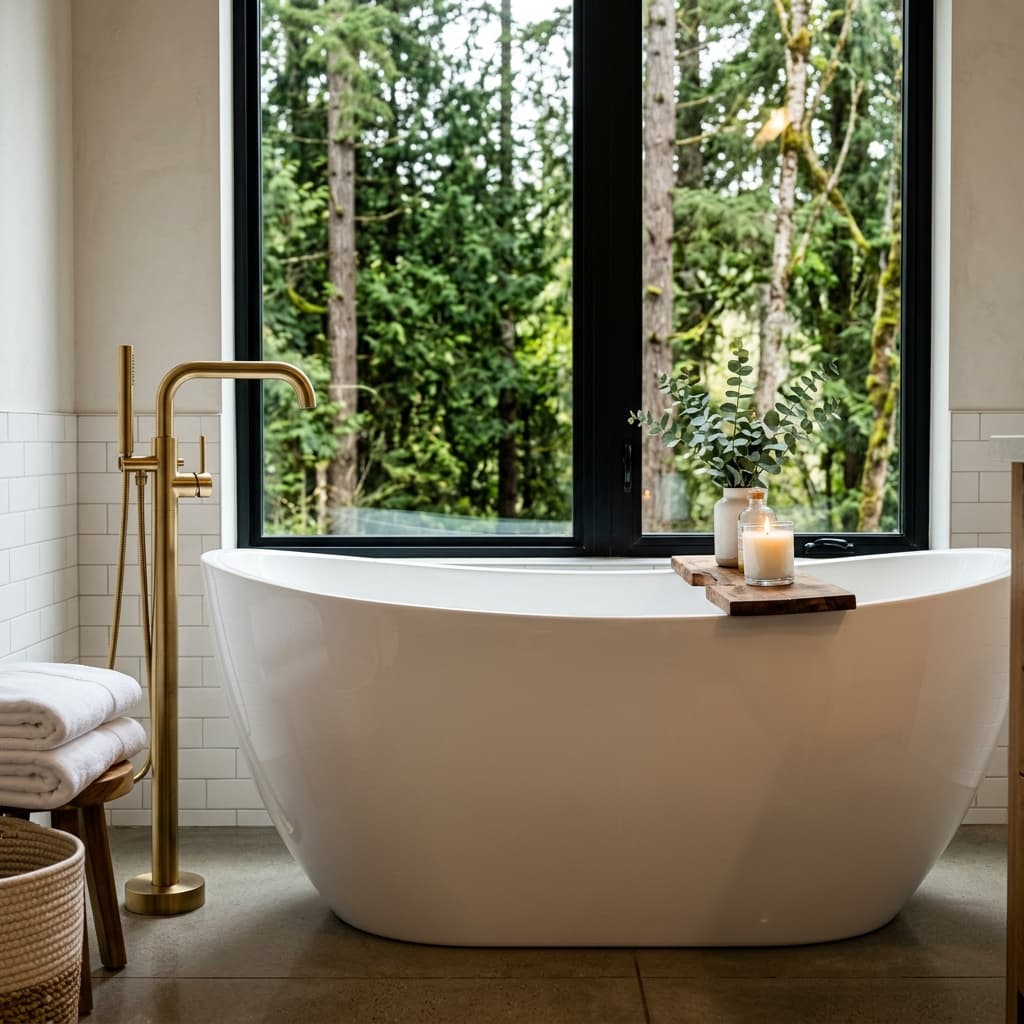 Freestanding white soaking tub with brushed gold floor-mounted faucet in a Pacific Northwest bathroom with forest views