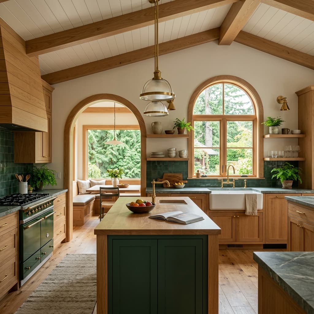 Pacific Northwest craftsman style kitchen remodel with natural oak wood elements and apron front sink