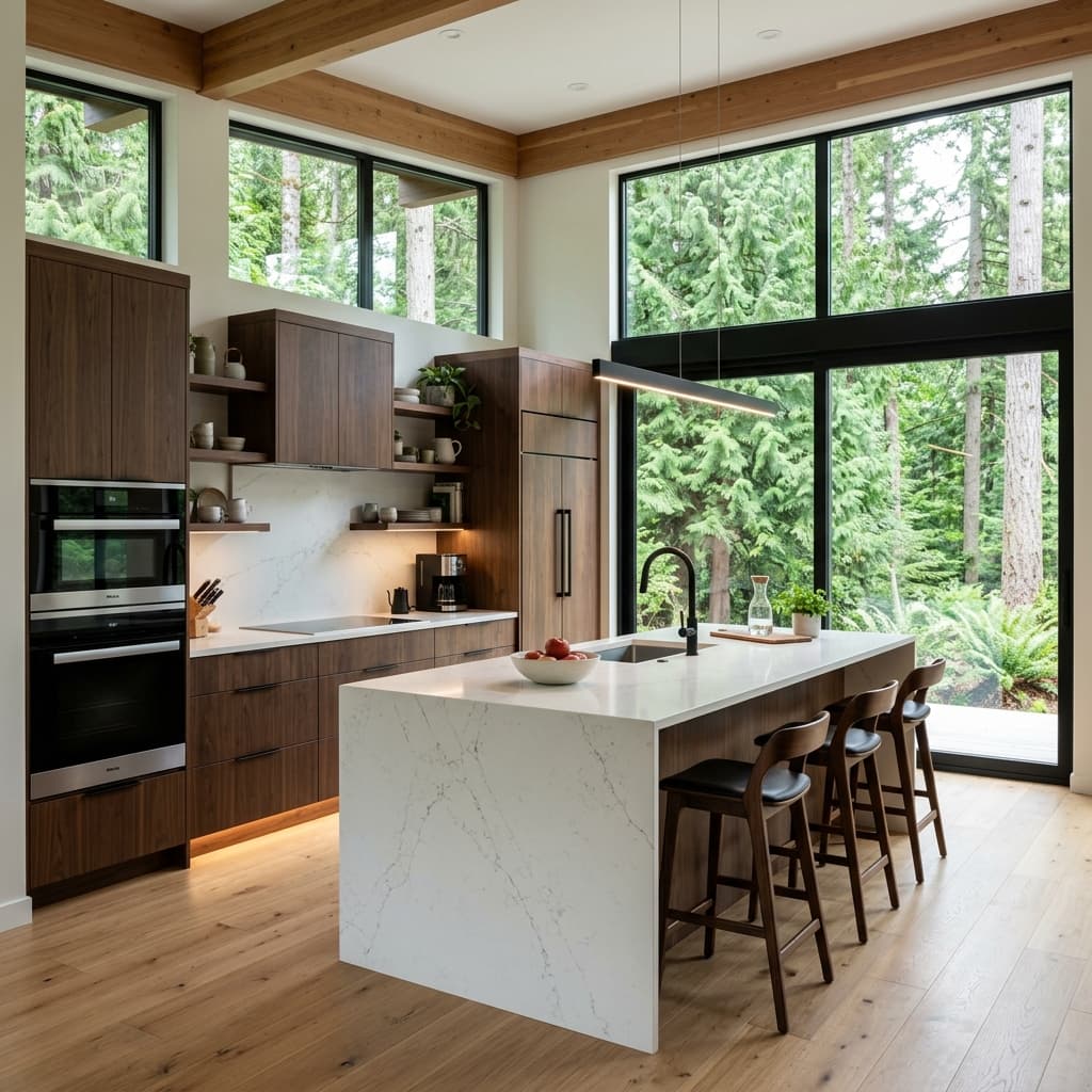 Modern luxury kitchen remodel with dark wood flat-panel cabinets and quartz waterfall island