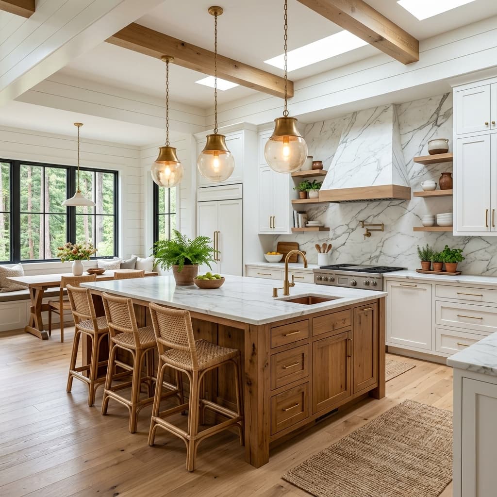 Transitional PNW style dream kitchen with white shaker cabinets and marble backsplash