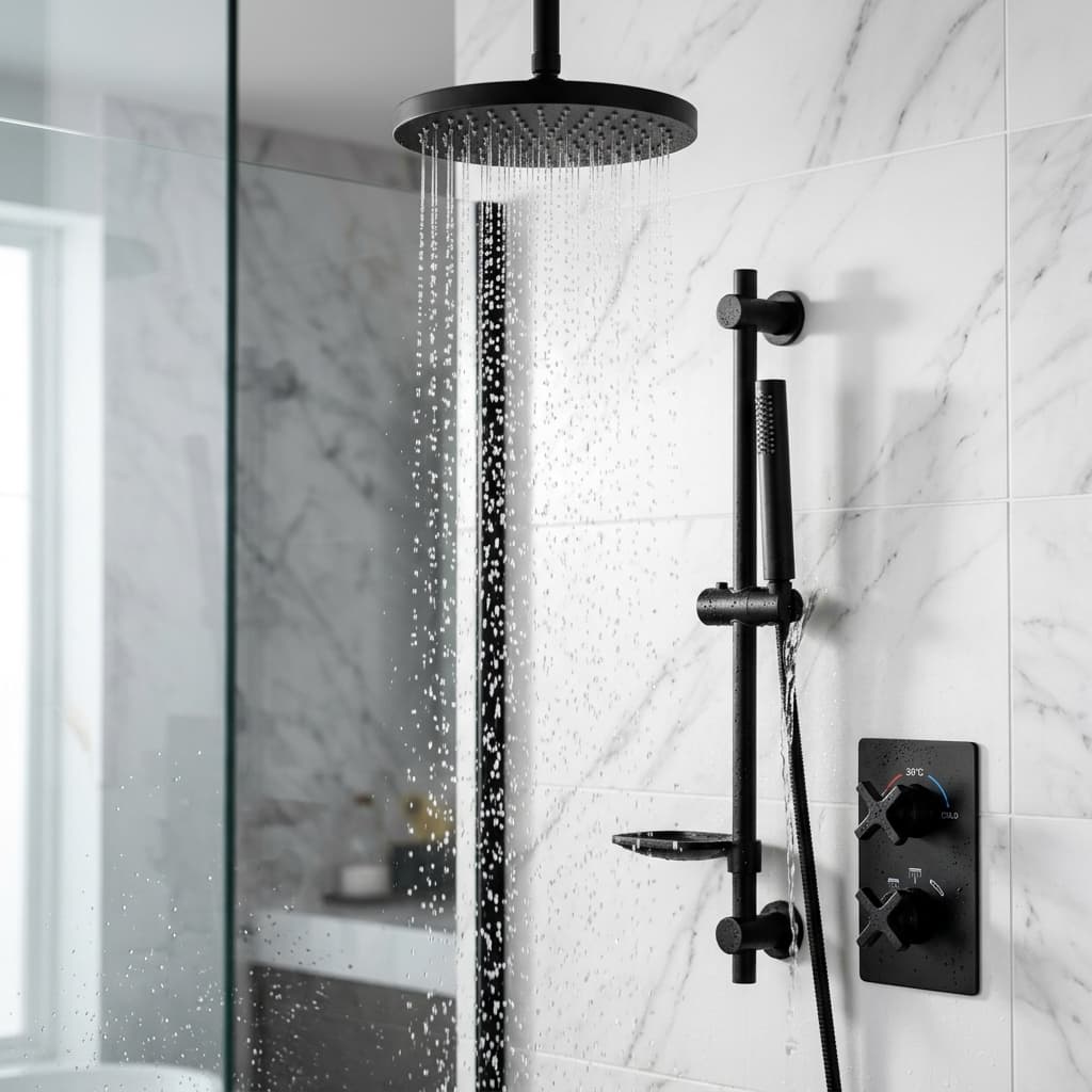 Premium matte black rainfall shower system with thermostatic valve against Calacatta marble tile